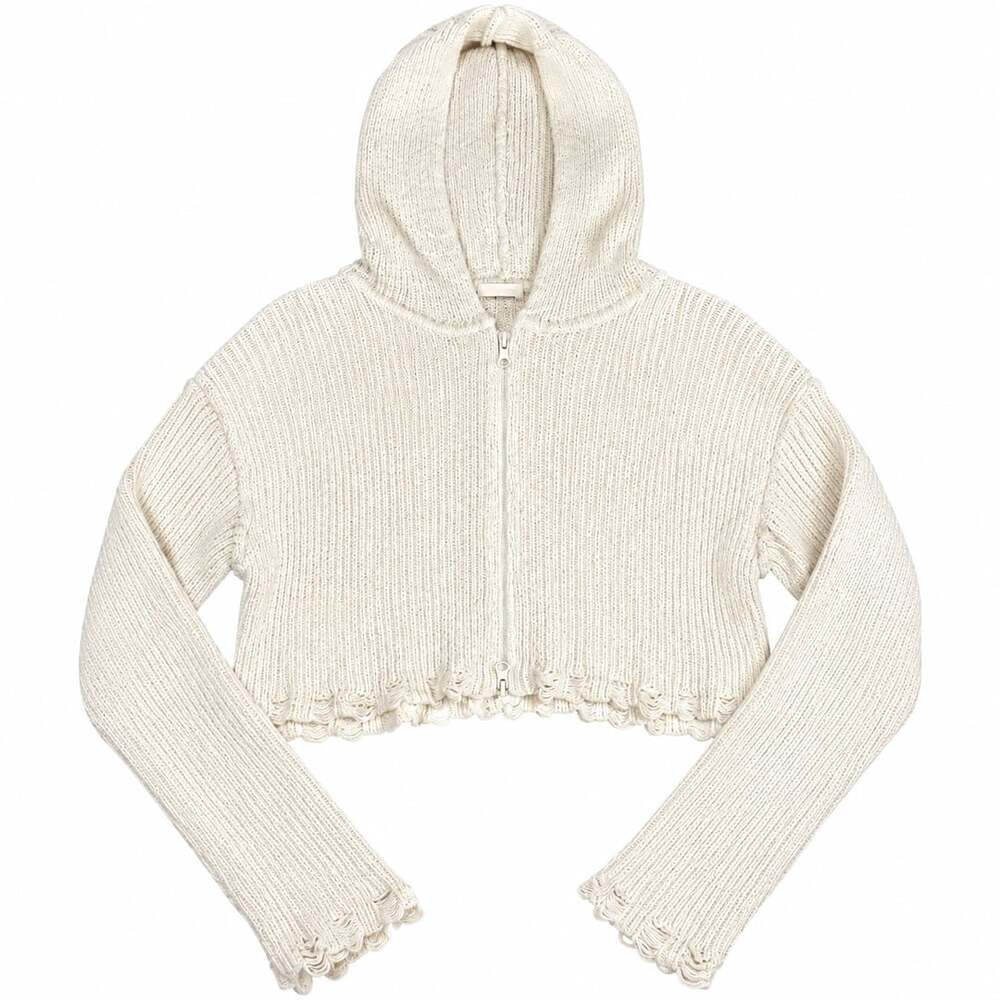 Y2K Moon & Madison Zip Up Knit Hoodie Size L Cream Cropped